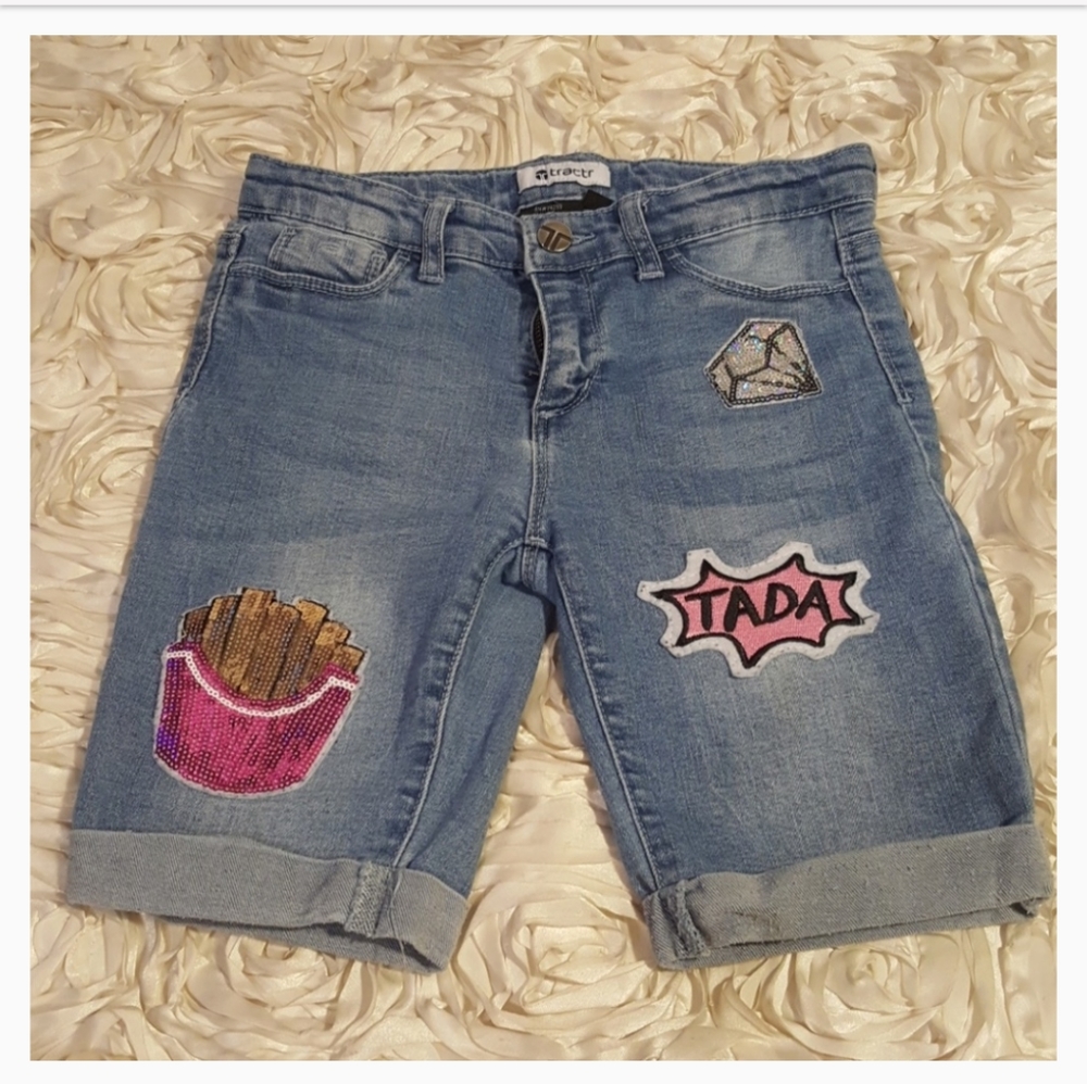 Tractr Girls Denim Shorts Cuffed Hem Embellished Patches.
